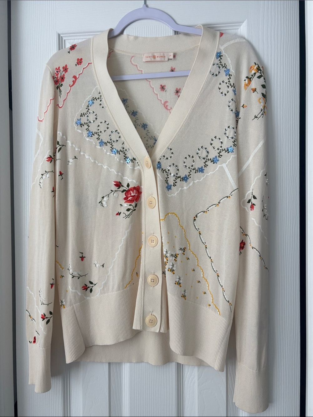Tory Burch Cream Floral Button-Up Cardigan with Red & Blue Accents